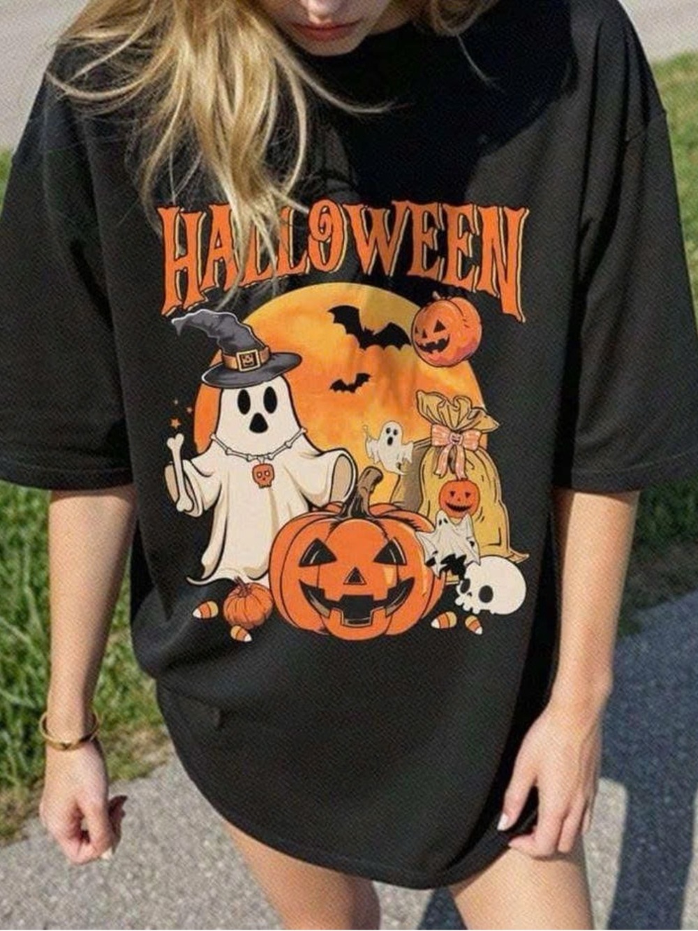 Halloween Kids Black T‑Shirt Costume Tee with Pumpkin & Ghost Graphic